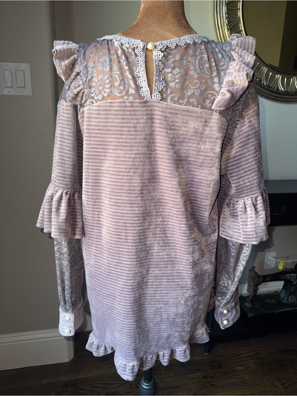 POL Dusty Purple Whimsigoth Velvet Sheer Sleeve Lace Ruffle Blouse S - Picture 7 of 14